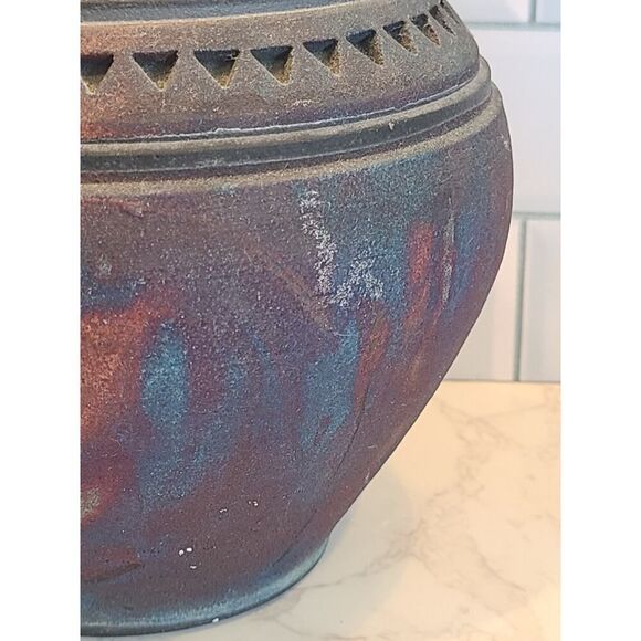 John Melkonian Raku Studio Pottery Vase Incised Triangle Design Signed 2010 EUC - Picture 14 of 16